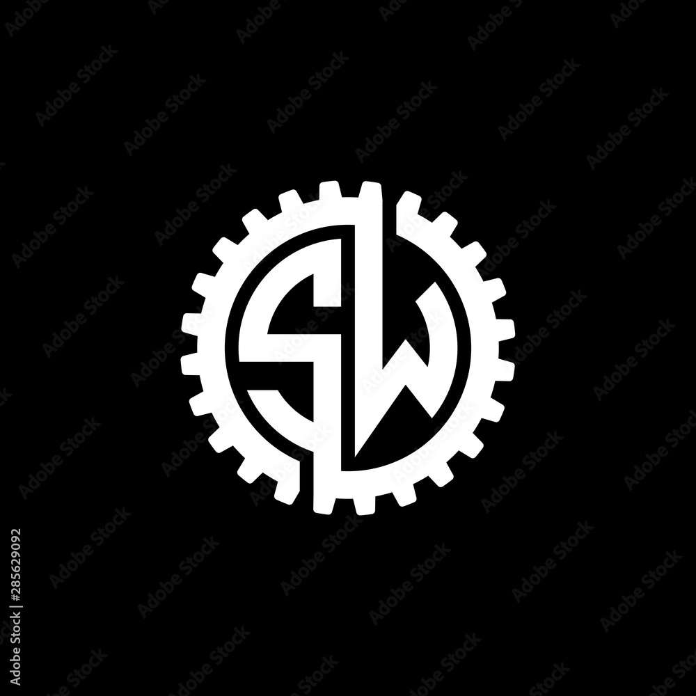 Initial letter S and W, SW, interlock cogwheel gear monogram logo, white color on black background Initial letter S and W, SW, interlock cogwheel gear monogram logo, white color on black background