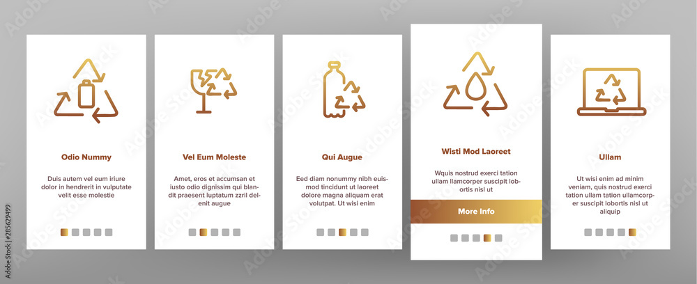 Recycling Onboarding Mobile App Page Screen Vector. Recycling Sign On Location GPS Mark And File, Waste Basket And Laptop Monitor Linear Pictograms. Dumptruck Monochrome Contour Illustrations