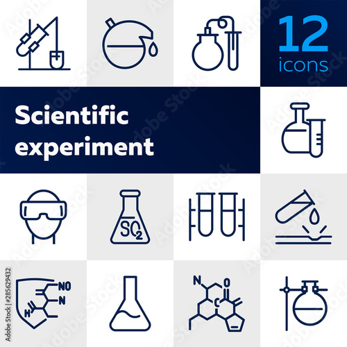 Scientific experiment icon. Set of line icon on white background. Chemical reaction, laboratory equipment, research. Chemistry concept. Vector can be used for topics like medicine, education, science