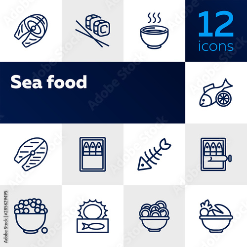 Sea food line icon set. Set of line icons on white background. Bowl, fish, sardines. Food concept. Vector illustration can be used for topics like eating, cooling, resting