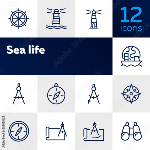 Sea navigation line icon set. Set of line icons on white background. Lighthouse, steering wheel, ship. Travel concept. Vector illustration can be used for topics like sea trip, tourism, cruise