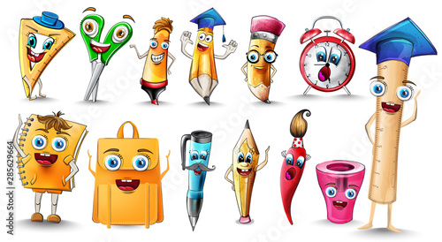 School supplies Cartoon characters set collection Vector watercolor. Notebook pen and ruler funny characters illustration watercolor styles