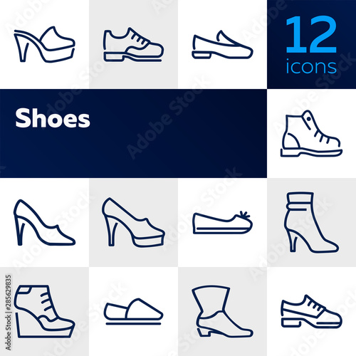 Shoes line icon set. Set of line icons on white background. Cowboy boot, espadrille, high heel shoes. Fashion concept. Vector illustration can be used for topics like clothing, fashion, shoes
