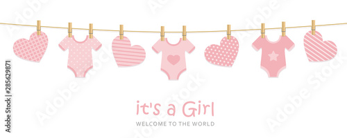 its a girl welcome greeting card for childbirth with hanging hearts and bodysuits vector illustration EPS10