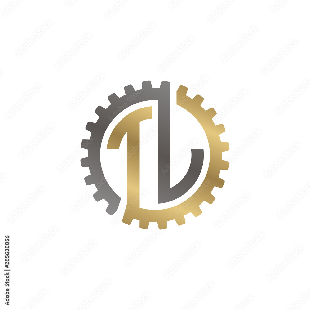 Initial letter T and L, TL, interlock cogwheel gear logo, black gold on white background Initial letter T and L, TL, interlock cogwheel gear logo, black gold on white background
