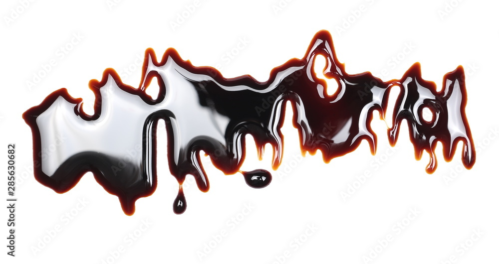 Spilled soy sauce, isolated on white background, top view