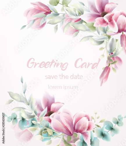 Pink floral bouquet Vector watercolor. Blue leaves delicate decoration. Provence rustic boho poster. Wedding, birthday invitation, ceremony event greeting decors