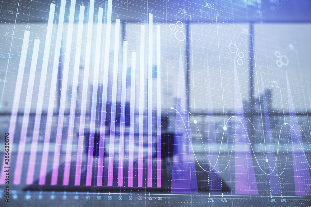 Business theme graph hologram with minimalistic cabinet interior background. Double exposure. Stock market concept. Business theme graph hologram with minimalistic cabinet interior background. Double exposure. Stock market concept.