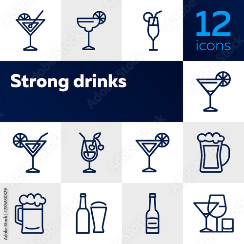 Strong drinks icons. Set of line icons on white background. Beer bottle, martini, margarita cocktail. Alcohol concept. Vector illustration can be used for topic like drinks, bar, menu