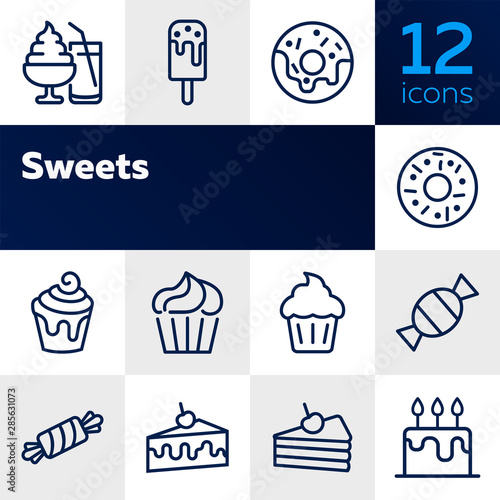 Sweets line icon set. Set of line icons on white background. Confectionery concept. Ice-cream, pie, cake, caramel. Vector illustration can be used for topics like confectionery, sweet, cafe