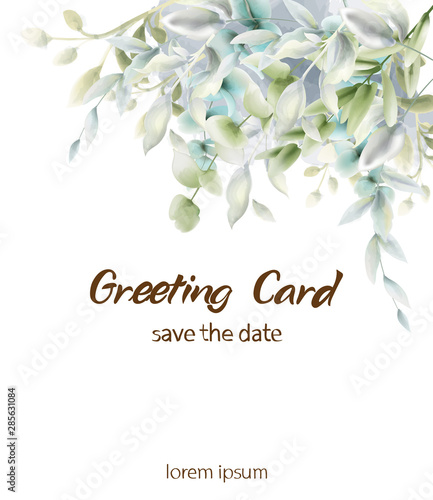 Green leaves boho card Vector watercolor. Summer round and vertical botanical...