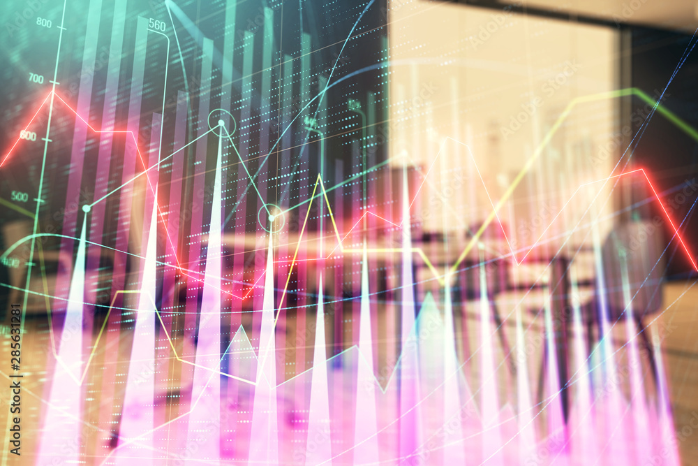 Business theme graph hologram with minimalistic cabinet interior background. Double exposure. Stock market concept. Business theme graph hologram with minimalistic cabinet interior background. Double exposure. Stock market concept.