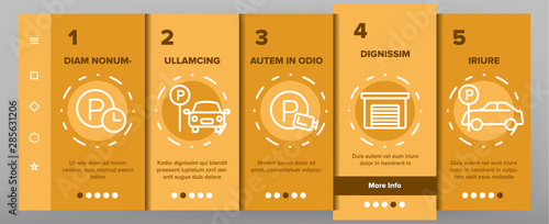 Parking Onboarding Mobile App Page Screen Vector. Parking Service Sign And GPS Mark, Garage With Car And Bicycle, Key And Park Place Linear Pictograms. Illustrations