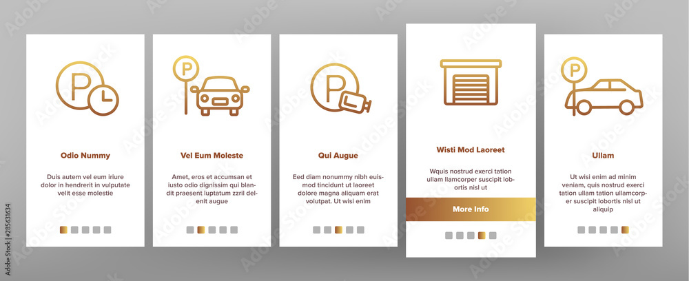 Parking Onboarding Mobile App Page Screen Vector. Parking Service Sign And GPS Mark, Garage With Car And Bicycle, Key And Park Place Linear Pictograms. Illustrations Parking Onboarding Mobile App Page Screen Vector. Parking Service Sign And GPS Mark, Garage With Car And Bicycle, Key And Park Place Linear Pictograms. Illustrations