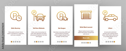 Parking Onboarding Mobile App Page Screen Vector. Parking Service Sign And GPS Mark, Garage With Car And Bicycle, Key And Park Place Linear Pictograms. Illustrations