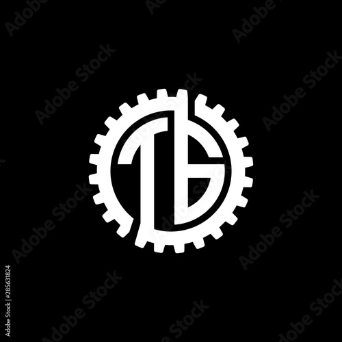 Initial letter T and G, TG, interlock cogwheel gear monogram logo, white color on black background