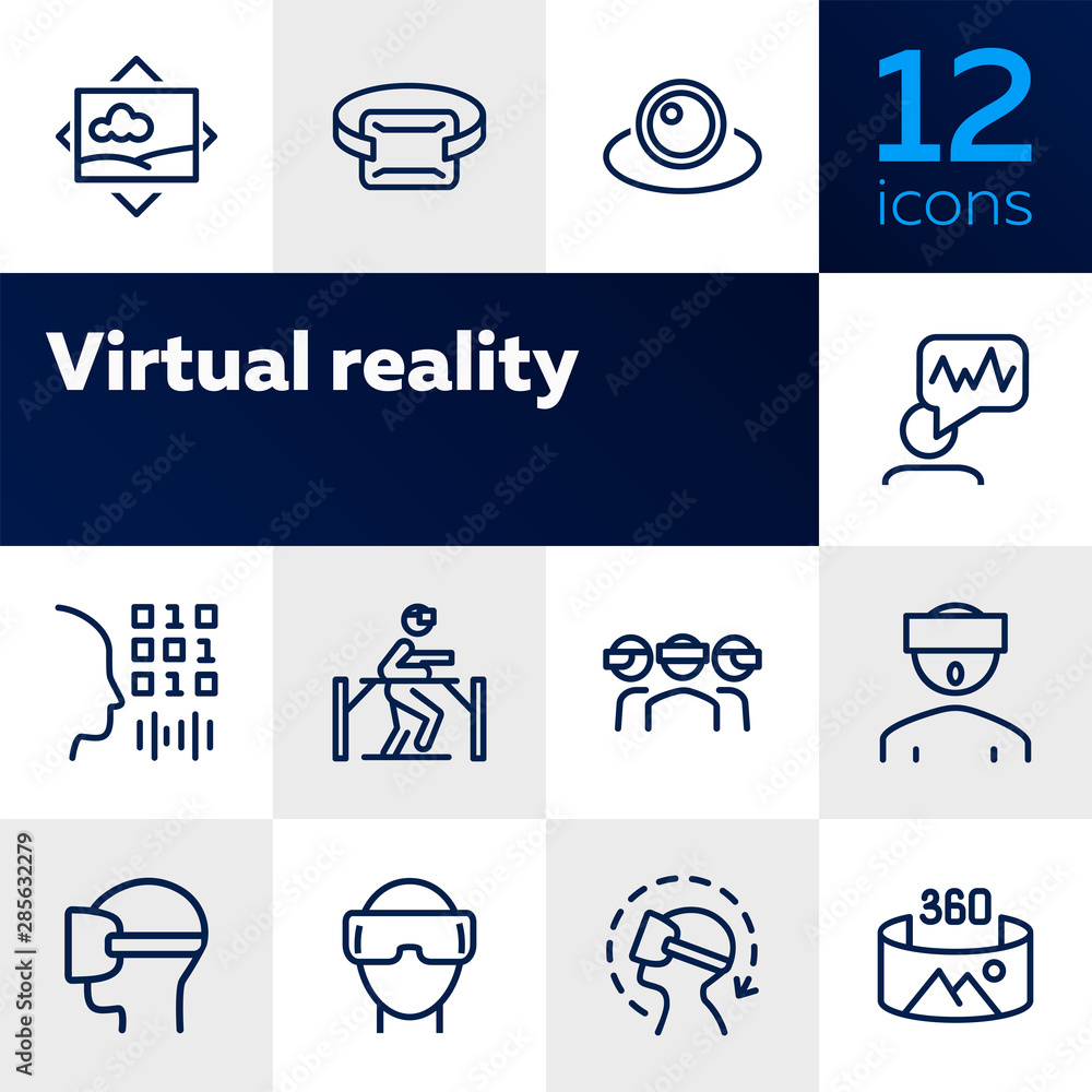 Virtual reality line icon set.Virtual reality glasses, programming, vr game. Technology concept.Vector illustration can be used for topics like progress, technology, entertainment - obrazy, fototapety, plakaty 