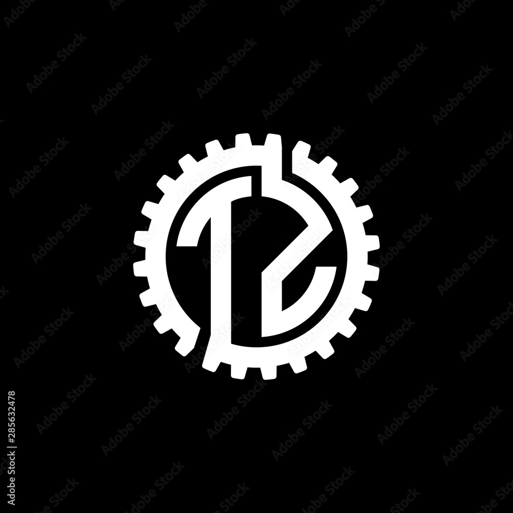 Initial letter T and Z, TZ, interlock cogwheel gear monogram logo, white color on black background Initial letter T and Z, TZ, interlock cogwheel gear monogram logo, white color on black background