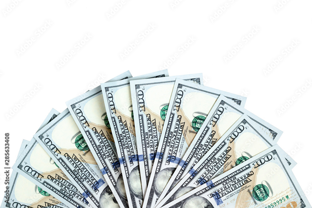 Fan of one hundred dollar bills isolated on white background. Many dollars US currency. Business, finance, win concept Fan of one hundred dollar bills isolated on white background. Many dollars US currency. Business, finance, win concept