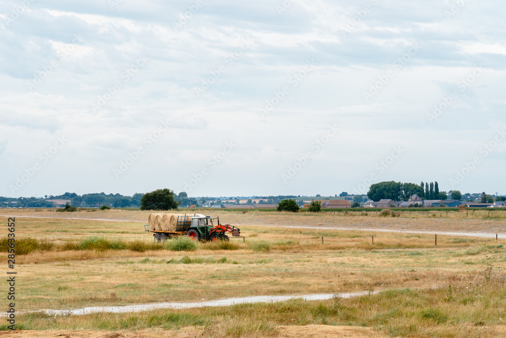 Obraz premium Tractor transportating bales of hay in countryside in Normandy