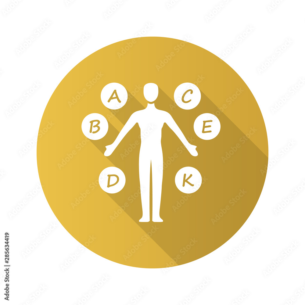 Body vitamins yellow flat design long shadow glyph icon. A, B, C, D, E, K multivitamins. Vital minerals and antioxidants. Healthcare and medicine. Vector silhouette illustration Body vitamins yellow flat design long shadow glyph icon. A, B, C, D, E, K multivitamins. Vital minerals and antioxidants. Healthcare and medicine. Vector silhouette illustration