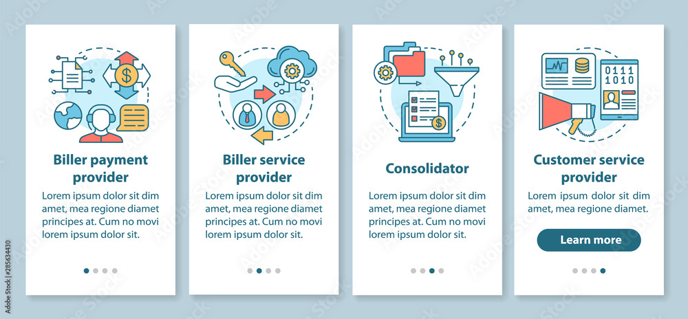 Billing services onboarding mobile app page screen with linear concepts. Biller payment, advice provider. Four walkthrough steps graphic instructions. UX, UI, GUI vector template with illustrations