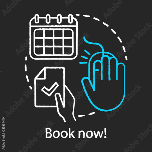 Book now, hot travelling tours chalk concept icon. Holiday resort, interest club online booking website idea. Summer camp application, signup webpage. Vector isolated chalkboard illustration