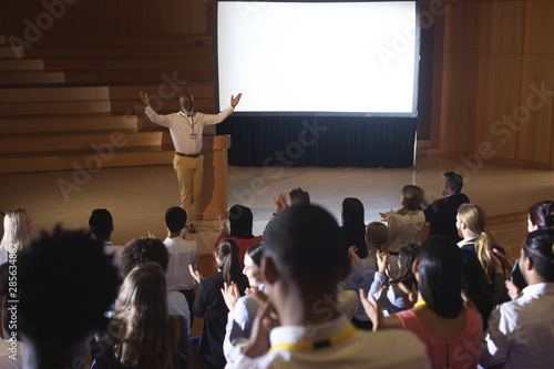 Tablou pe pânză Businessman standing and giving presentation in auditorium