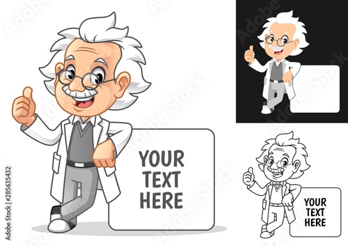 Happy Old Man Professor with Glasses Leaning on Empty Board Cartoon Character Design, Including Flat and Line Art Designs, Vector Illustration, in Isolated White Background.