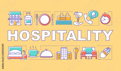 Hospitality word concepts banner. Lodging industry. Restaurant and hotel service. Presentation, website. Isolated lettering typography idea with linear icons. Vector outline illustration