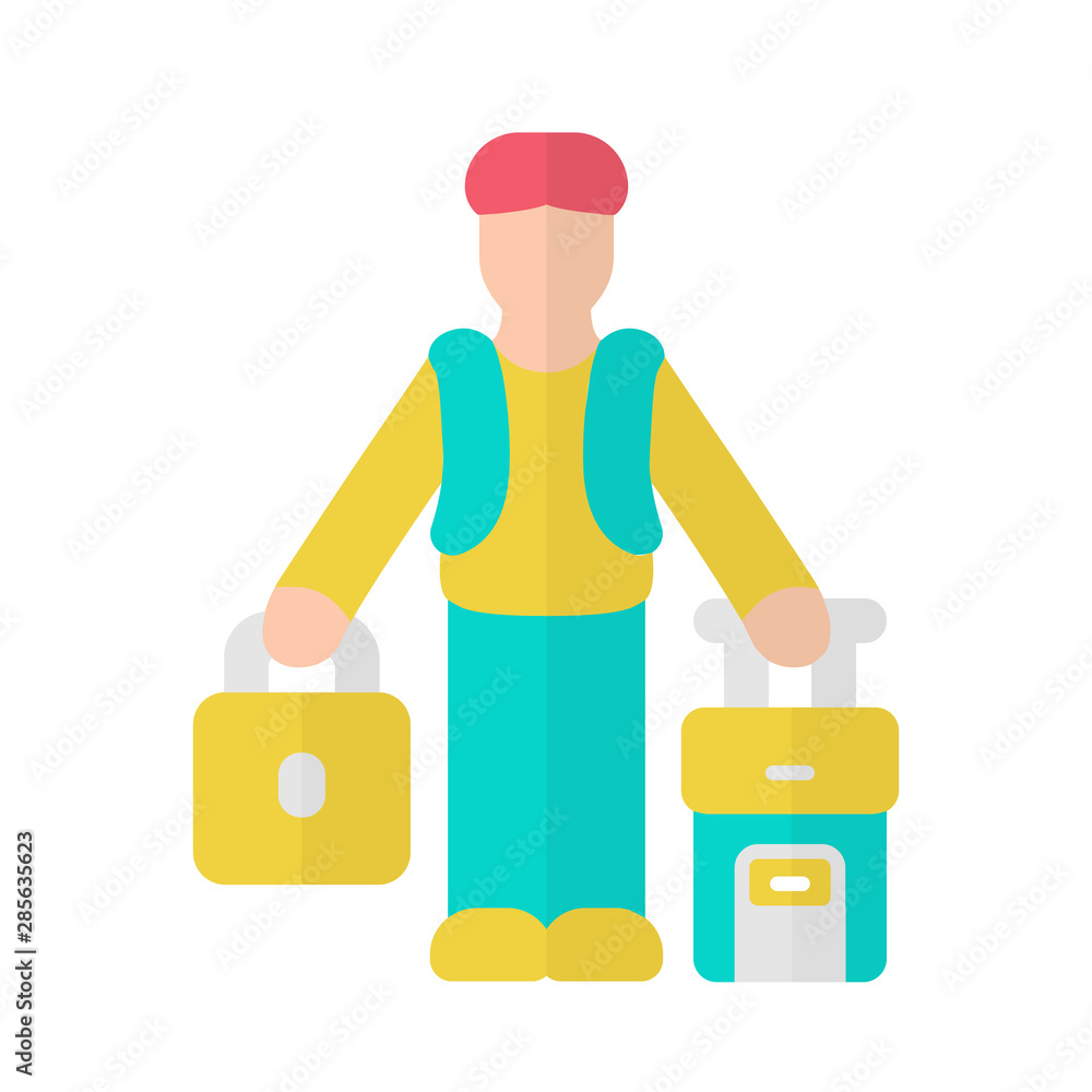 Immigrant man flat design long shadow yellow color icon. Refugee with suitcase and backpack. Travelling abroad. Solo trip, tourism. Travel equipment. Immigration. Vector silhouette illustration Immigrant man flat design long shadow yellow color icon. Refugee with suitcase and backpack. Travelling abroad. Solo trip, tourism. Travel equipment. Immigration. Vector silhouette illustration