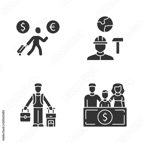 Immigrants glyph icons set. Economic migrant, family sponsorship immigration. Job for immigrants. Emigrants, refugees. Travelling abroad. Silhouette symbols. Vector isolated illustration