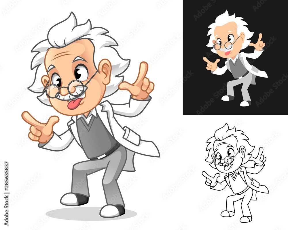 Crazy Old Man Professor with Glasses Sticking Tongue Out and Gesturing Loser Cartoon Character Design, Including Flat and Line Art Designs, Vector Illustration, in Isolated White Background.