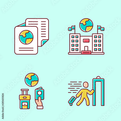 Immigration color icons set. Embassy and consulate building. Travel documents, security check. Trip equipment. Refugee, immigrant. Travelling abroad. Isolated vector illustrations