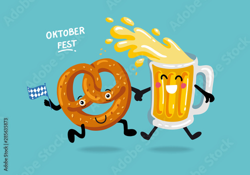 Oktoberfest- german beer festival in munich. Vintage food poster cartoon design.  Kawaii characters beer, pretzel dance. Fanny Template flat vector illustration for menu, card, print.