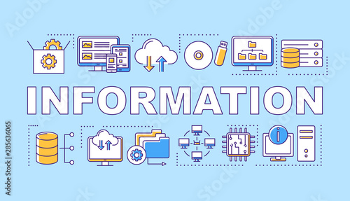 Information word concepts banner. Data management, web hosting. Servers and databases. Presentation, website. Isolated lettering typography idea with linear icons. Vector outline illustration