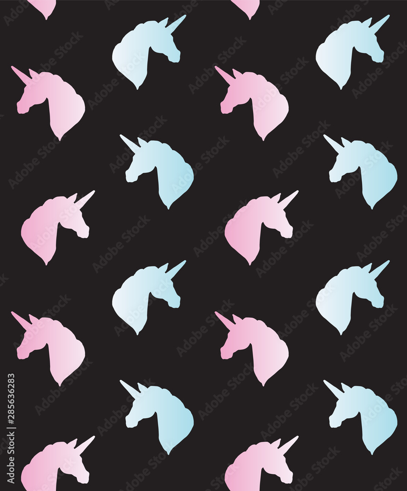 Vector seamless pattern of holographic unicorn head silhouette isolated on black background Vector seamless pattern of holographic unicorn head silhouette isolated on black background
