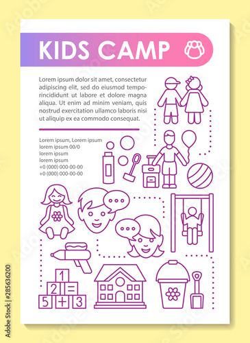 Kids, children summer camp brochure template layout. Flyer, booklet, leaflet print design with linear illustrations. Vector page layouts for magazines, annual reports, advertising posters