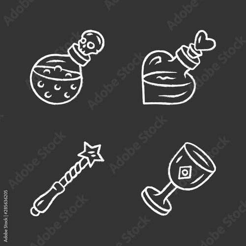 Magic chalk icons set. Magical death and love potions, witch wand, ceremonial chalice. Witchcraft, occult ritual items. Mystery objects. Isolated vector chalkboard illustrations