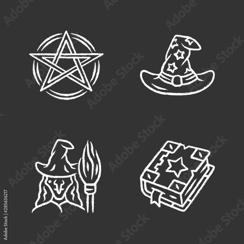 Magic chalk icons set. Pentagram, wizard hat, witch, spell book. Witchcraft, occult ritual items. Mystery objects. Isolated vector chalkboard illustrations