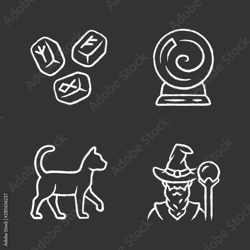 Magic chalk icons set. Runestones, fortune telling crystal ball, witch cat, wizard. Witchcraft and sorcery halloween symbols. Isolated vector chalkboard illustrations