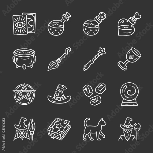 Magic chalk icons set. Witchcraft, sorcery Halloween items. Occult, gypsy mystic rituals tool. Fortune telling, divination. Superstition & future predictions. Isolated vector chalkboard illustrations