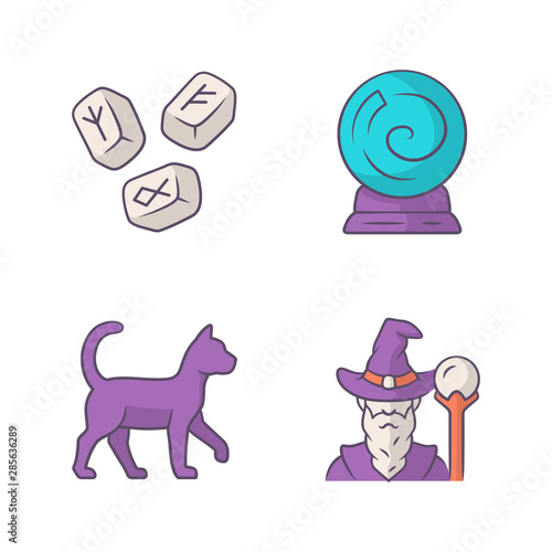 Magic color icons set. Runestones, fortune telling crystal ball, witch cat, wizard. Witchcraft and sorcery halloween symbols. Isolated vector illustrations