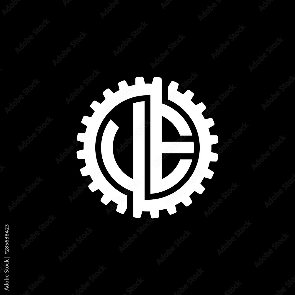 Initial letter U and E, V and E, UE, VE, interlock cogwheel gear monogram logo, white color on black background Initial letter U and E, V and E, UE, VE, interlock cogwheel gear monogram logo, white color on black background