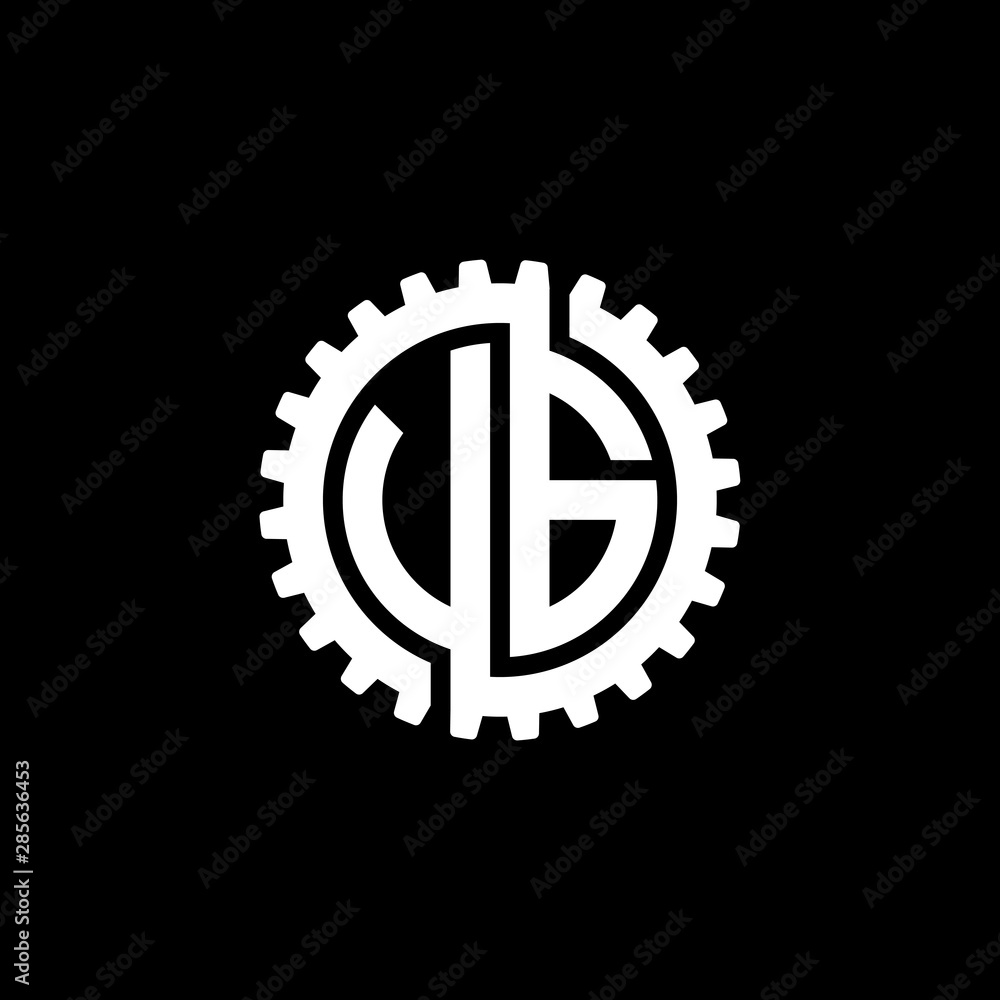 Initial letter U and G, V and G, UG, VG, interlock cogwheel gear monogram logo, white color on black background Initial letter U and G, V and G, UG, VG, interlock cogwheel gear monogram logo, white color on black background