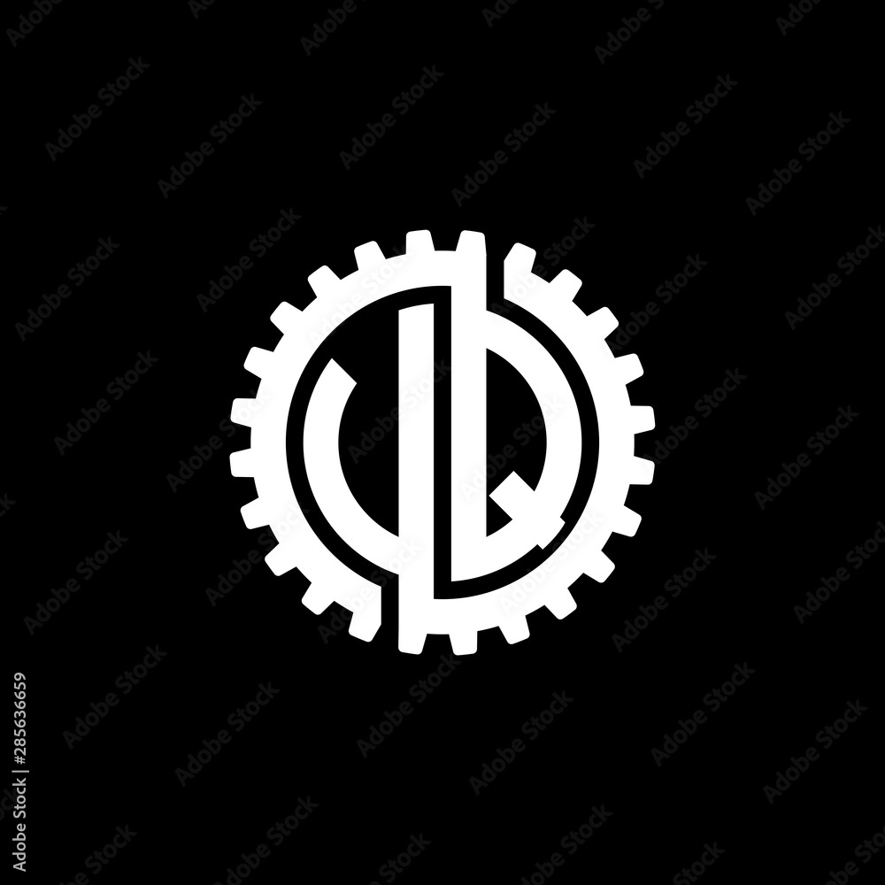 Initial letter U and Q, V and Q, UQ, VQ, interlock cogwheel gear monogram logo, white color on black background Initial letter U and Q, V and Q, UQ, VQ, interlock cogwheel gear monogram logo, white color on black background