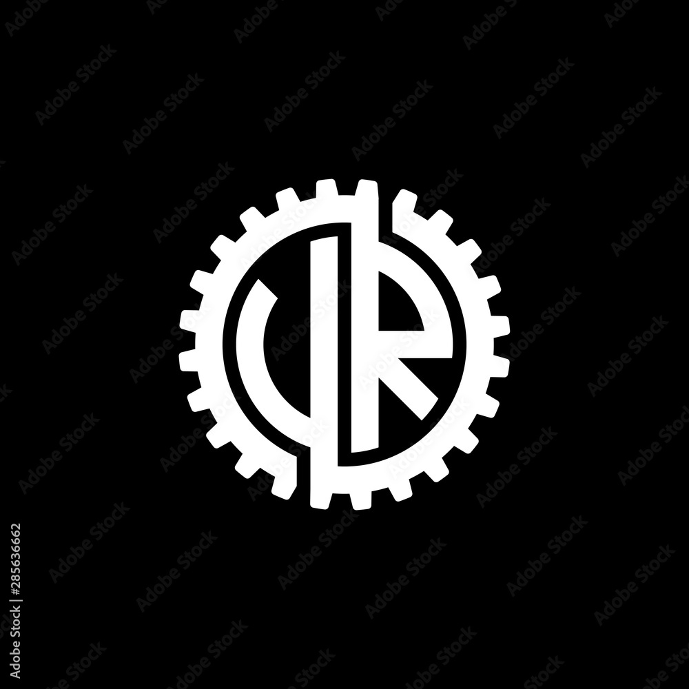 Initial letter U and R, V and R, UR, VR, interlock cogwheel gear monogram logo, white color on black background Initial letter U and R, V and R, UR, VR, interlock cogwheel gear monogram logo, white color on black background