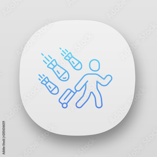 Refugee app icon. Humanitarian aid and evacuation. Travelling abroad. Escaping emigrant. War victim. Illegal immigrant. UI/UX user interface. Web or mobile applications. Vector isolated illustrations