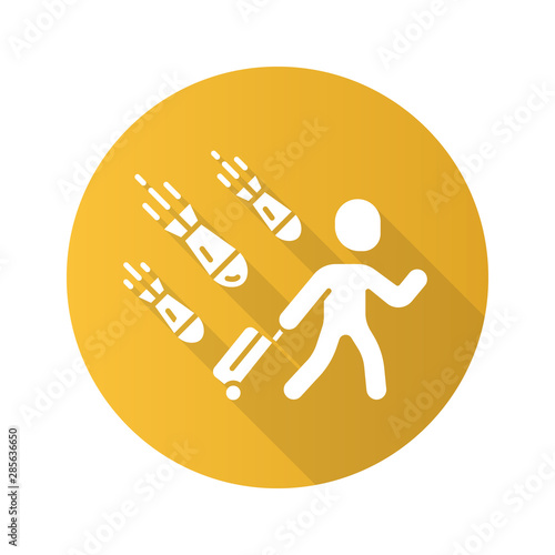 Refugee yellow flat design long shadow glyph icon. Humanitarian aid. Travelling abroad. Escaping emigrant. War victim. Illegal immigrant. Refugee with luggage. Vector silhouette illustration