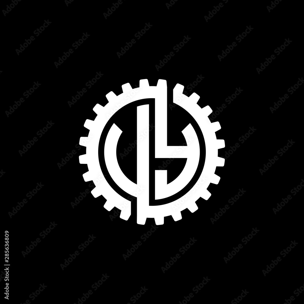 Initial letter U and Y, V and Y, UY, VY, interlock cogwheel gear monogram logo, white color on black background Initial letter U and Y, V and Y, UY, VY, interlock cogwheel gear monogram logo, white color on black background